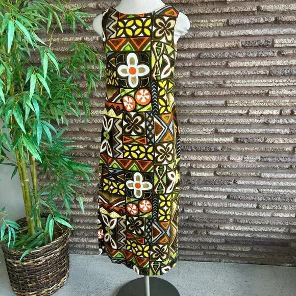 Pomare Tahiti Colorful Hawaiian Tribal Barkcloth Sleeveless Maxi Dress